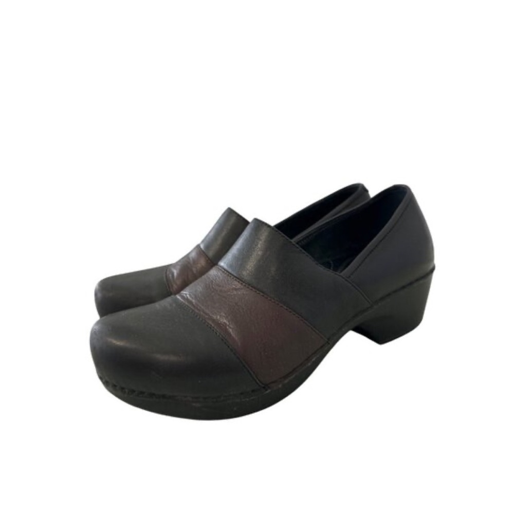 Dansko Black Leather Clog Mules with Brown Center Panel